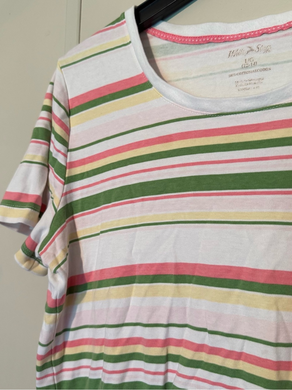 White Stag Womens Short Sleeve Striped Tee in White, Green, Pink